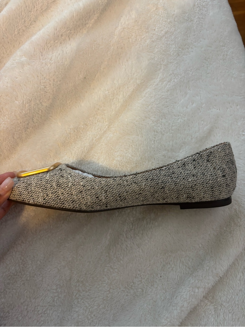 Tory Burch Gray Tweed Ballet Flats with Gold Logo Buckles - Picture 2 of 4